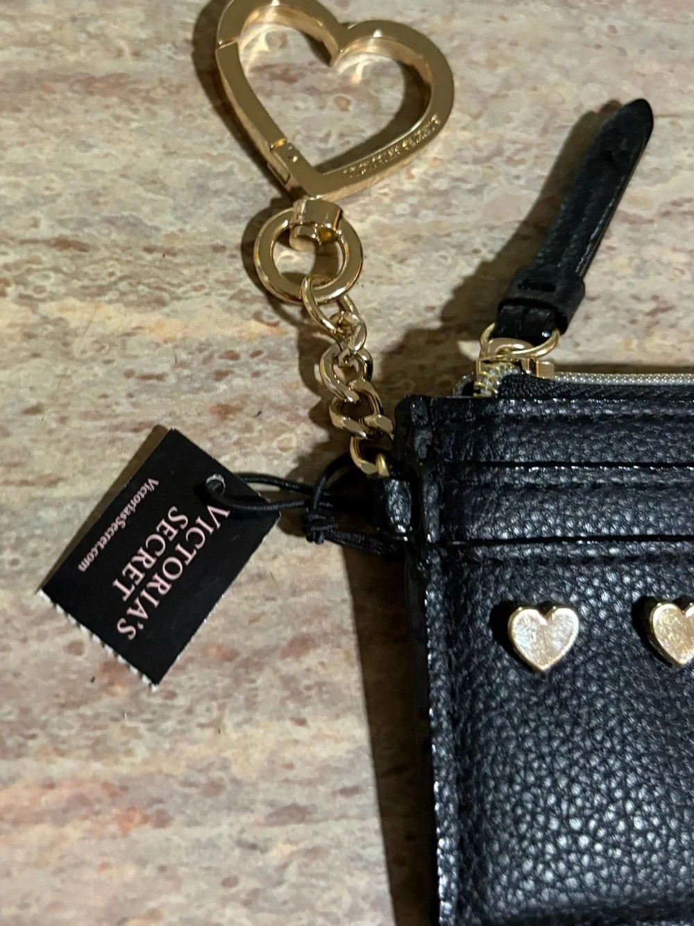 NWat Victoria's Secret Black Card Holder Keychain with Gold Heart Accents